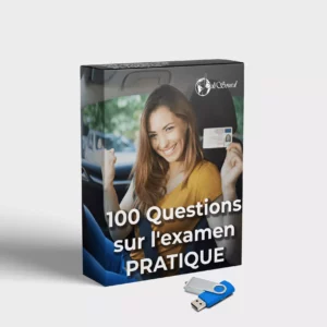 Boîte de produit ‘100 Questions sur l’examen pratique’ de l’auto-école Odisourd, spécialisée pour sourds, avec l’image d’une femme souriante tenant son permis de conduire, accompagnée d’une clé USB.