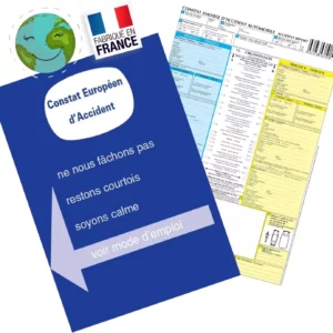 Constat européen d’accident automobile avec une mention de courtoisie, accompagné d’une icône ‘Fabriqué en France’ et un globe souriant, illustrant le formulaire de constat amiable.