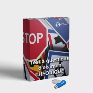 Boîte de produit ‘Test à questions d’examen théorique’ de l’auto-école Odisourd, spécialisée pour sourds, avec une clé USB incluse.